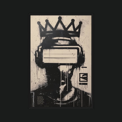 The King framed artwork view: a black silhouetted figure wearing a virtual-reality headset and drawn crown on beige.