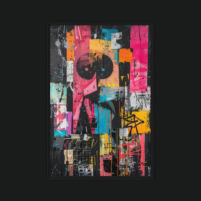 Choice to Wake Up framed artwork view: pink and orange collage blocks with black circular shapes, turquoise accents and paint drips.