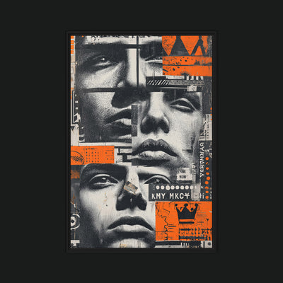 Manmade Noise framed artwork view: fragmented monochrome male faces with orange collage blocks.