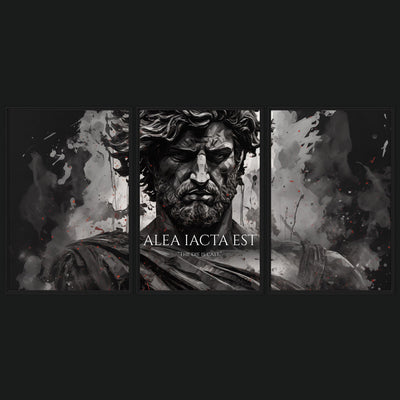 The Die Is Cast framed artwork view: a three-panel monochrome bearded classical figure with ALEA IACTA EST lettering.