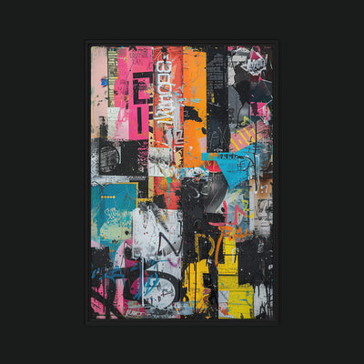 It Was All A Dream framed artwork view: a dense pink, orange, turquoise and black collage of layered lettering and torn shapes.