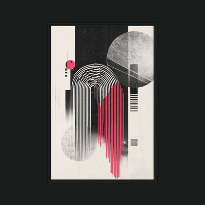 Synthetic Genesis framed artwork view: black, grey and red arching parallel lines with circles on cream.