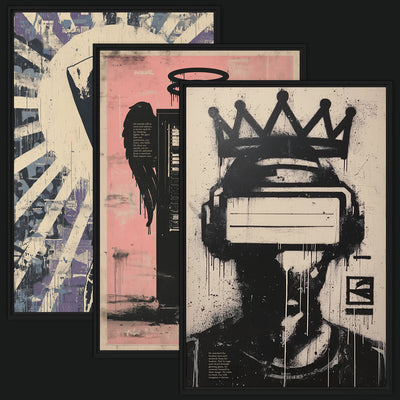 Gods We Made Collection framed artwork view: three stencil-style artworks showing a hooded figure, a crowned headset wearer and a winged tower.