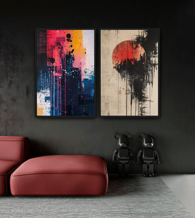 Moonlit Sunset Bundle room mockup: two abstract artworks pairing a red circle on beige with vivid pink, yellow and blue marks, shown above a red chaise.