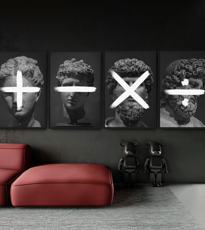 One And Only Truth Collection room mockup: four monochrome classical heads marked with plus, minus, multiplication and division signs, shown in a row above a red chaise.