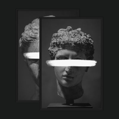 Plus & Minus Bundle framed artwork view: two monochrome classical heads with white plus and minus signs.