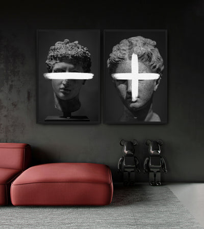 Plus & Minus Bundle room mockup: two monochrome classical heads with white plus and minus signs, shown above a red chaise.