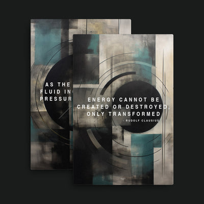 Thermodynamics Bundle artwork view: two teal, cream and black geometric artworks with energy and fluid-pressure quotations.