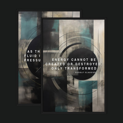 Thermodynamics Bundle framed artwork view: two teal, cream and black geometric artworks with energy and fluid-pressure quotations.