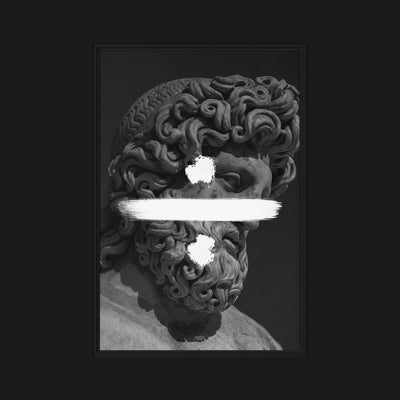 Division framed artwork view: monochrome bearded classical head crossed by a white division sign.