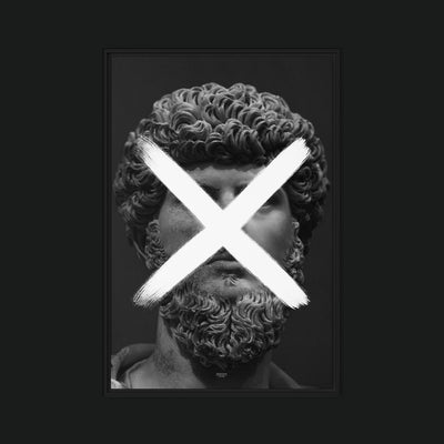 Multiplication framed artwork view: monochrome bearded classical head crossed by a white multiplication sign.