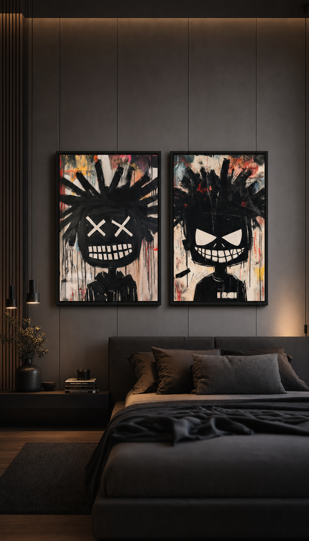 Masked Intentions above a bed in a dark interior