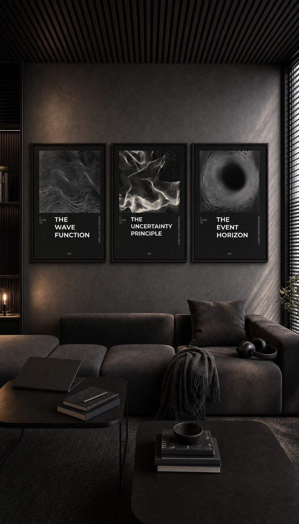 Quantum Field Collection in a dark contemporary living room