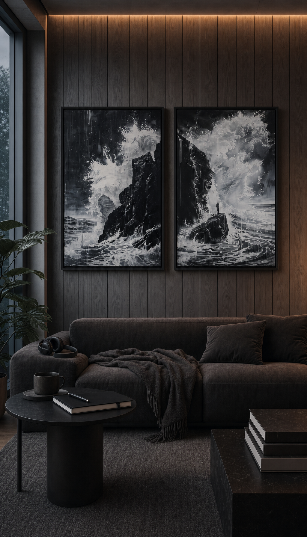 The Unmoved diptych in a dark timber living room