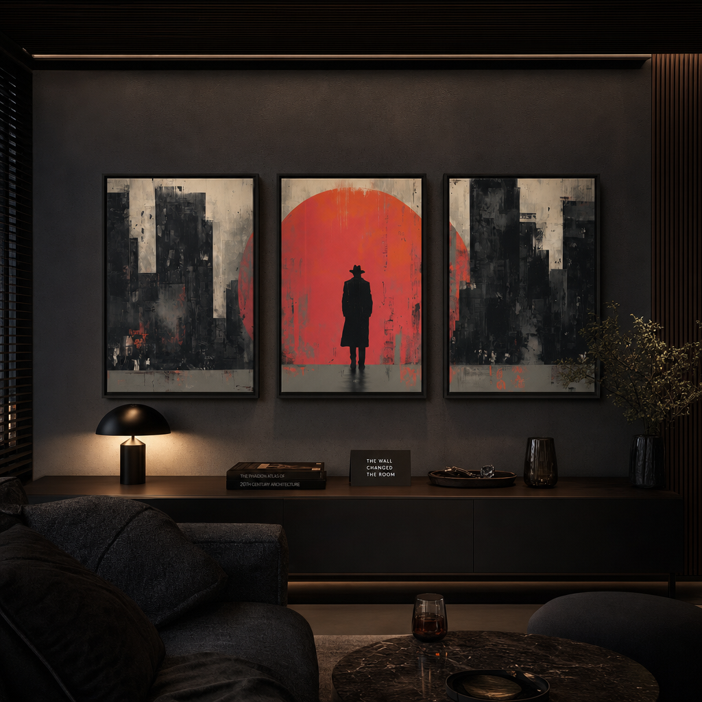 The same room transformed by a bold red and black three-piece artwork set