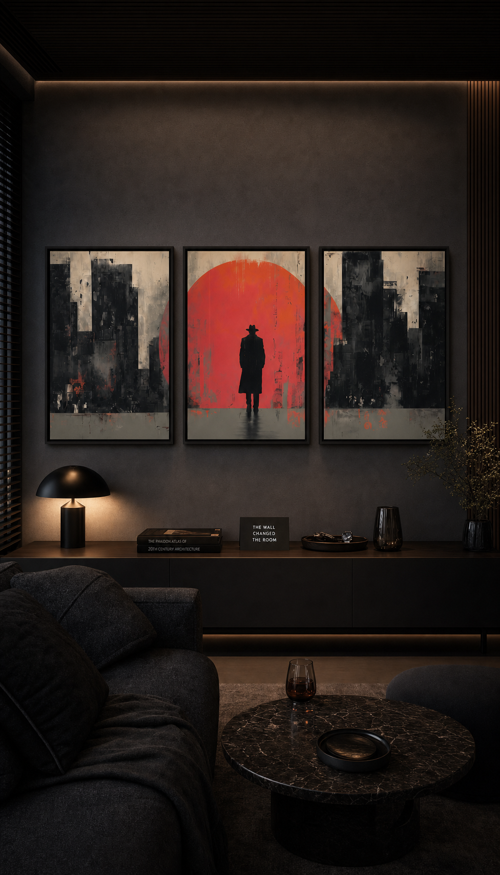 The same room transformed by a bold red and black three-piece artwork set
