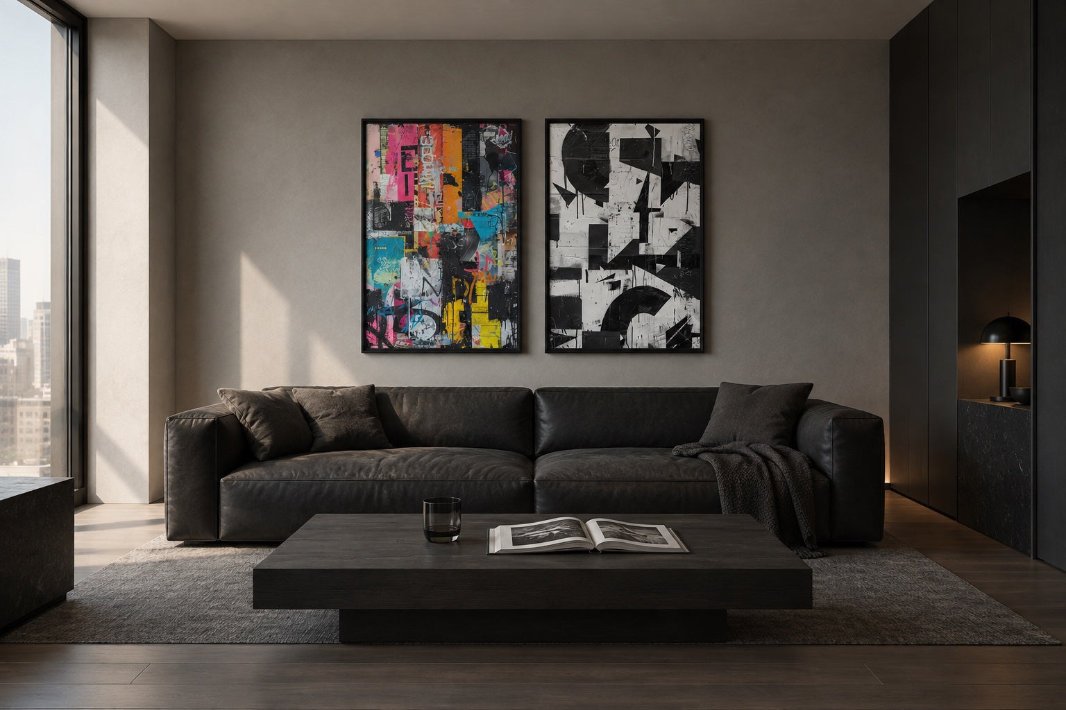 Urban Contrast’s colorful and monochrome framed canvases above a dark leather sofa, with a smoked oak table and afternoon light