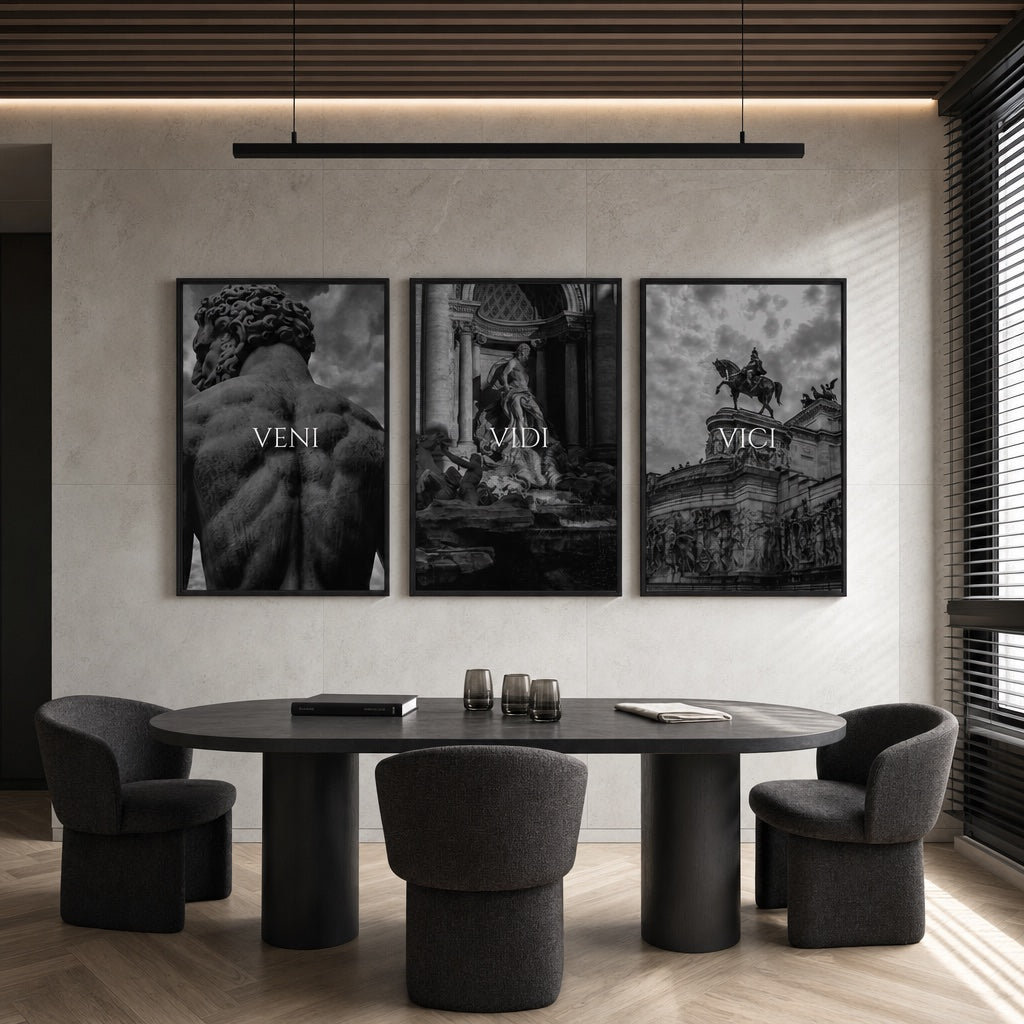 Veni Vidi Vici’s three monochrome classical artworks above a contemporary dining table