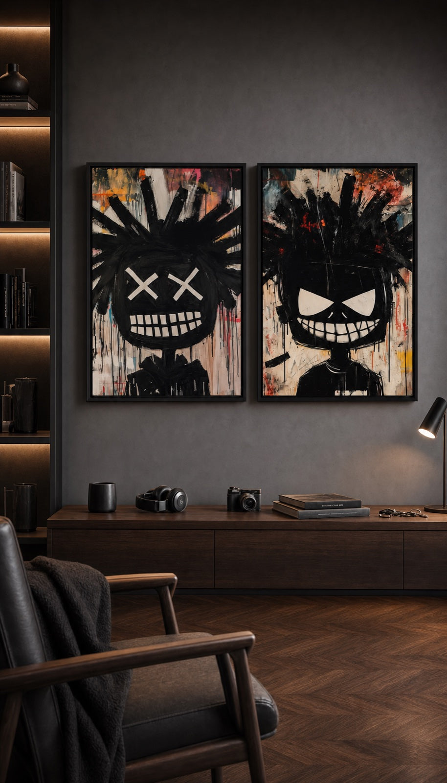 Masked Intentions’ two expressive street-art characters above a walnut cabinet against a dark wall