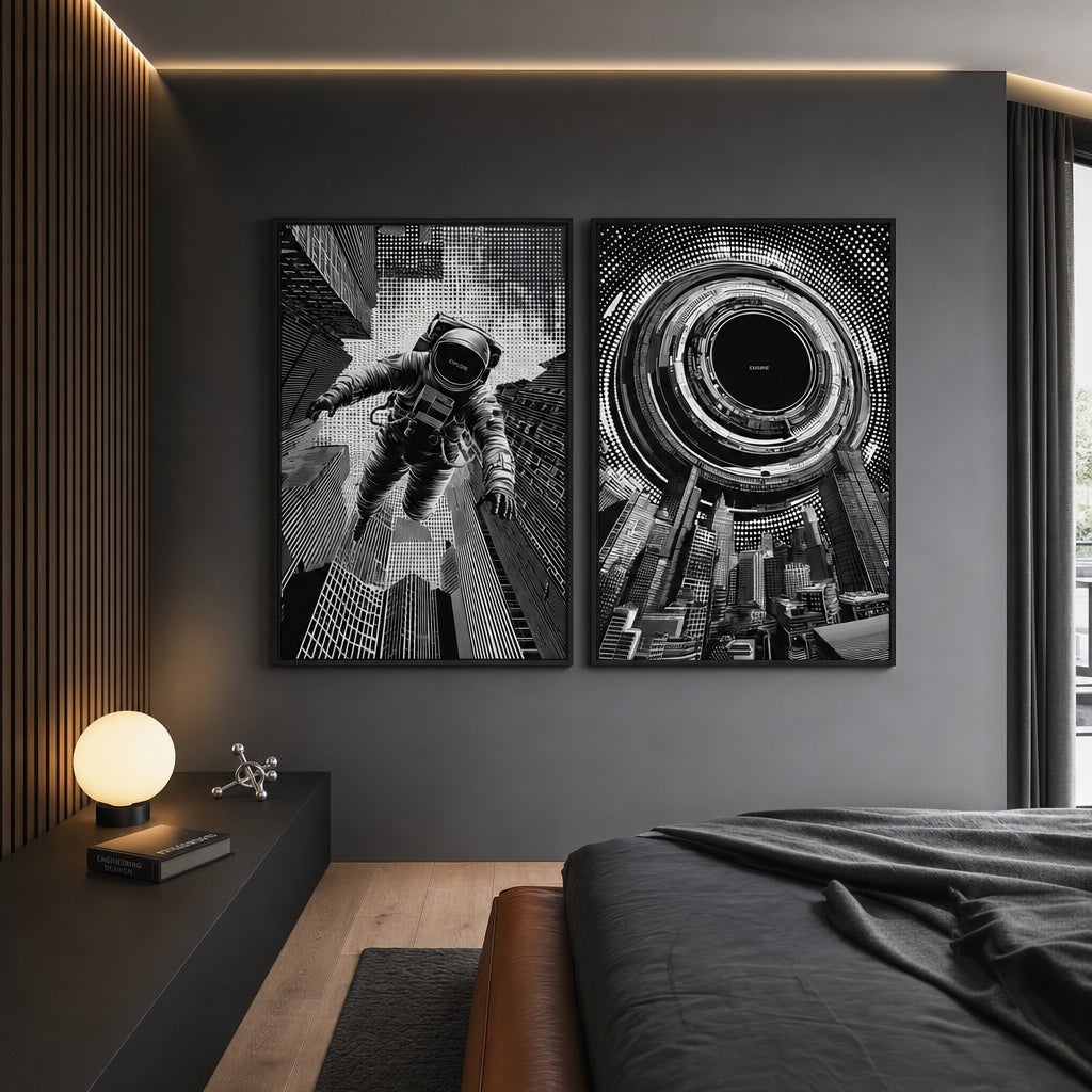 The METHOD’s astronaut and architectural vortex artworks in a contemporary bedroom