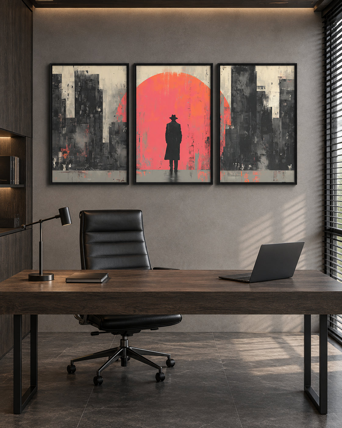 The same office with the three-piece Empire of Ash Collection above the desk