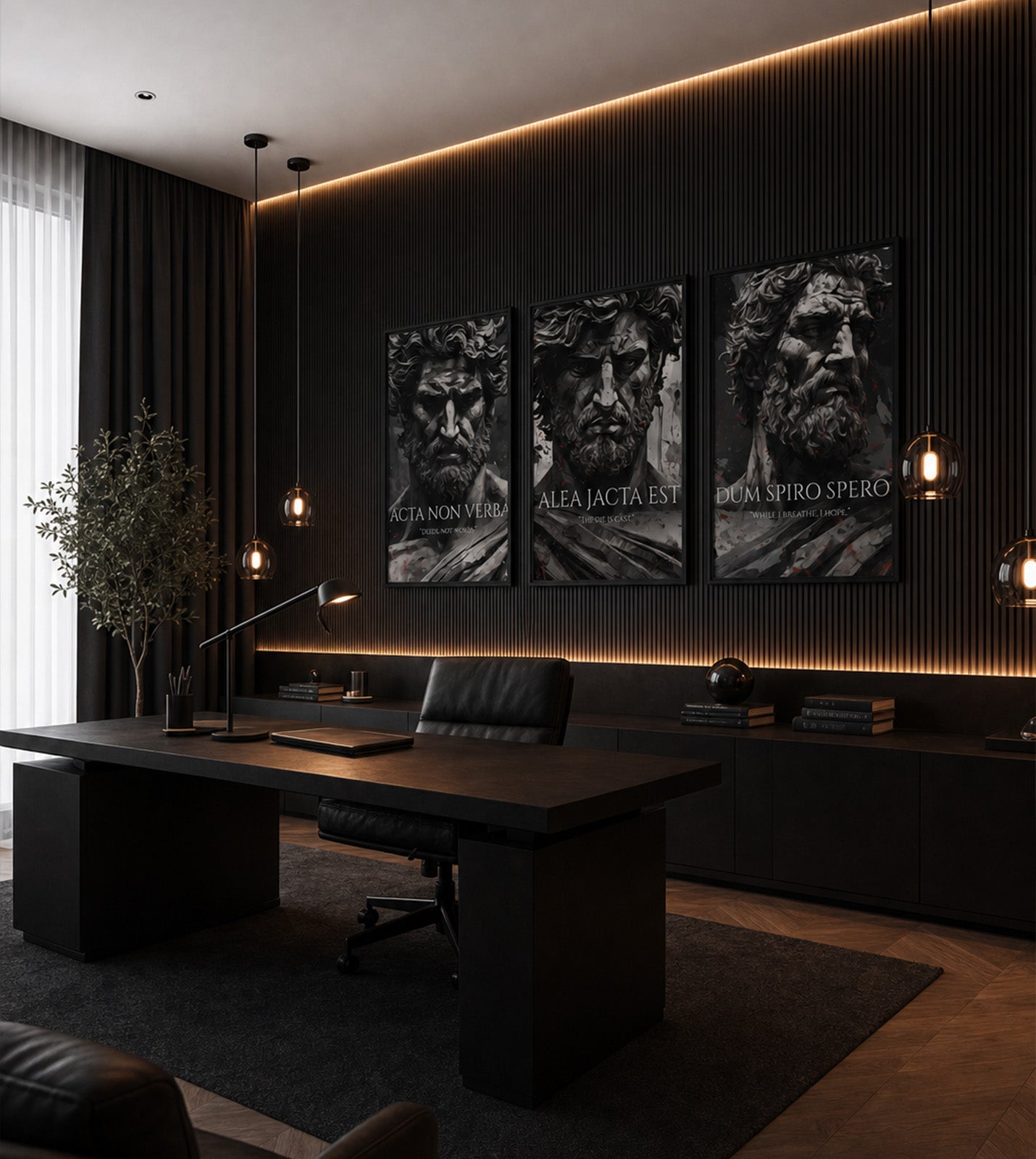 Echoes of the Empire’s three Roman portraits above a desk in a dark architectural office