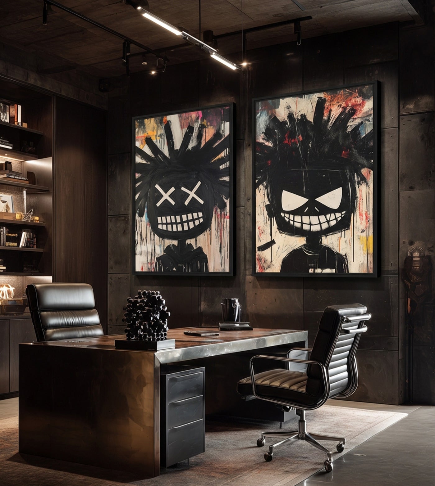 Masked Intentions’ expressive black and cream characters above an office desk