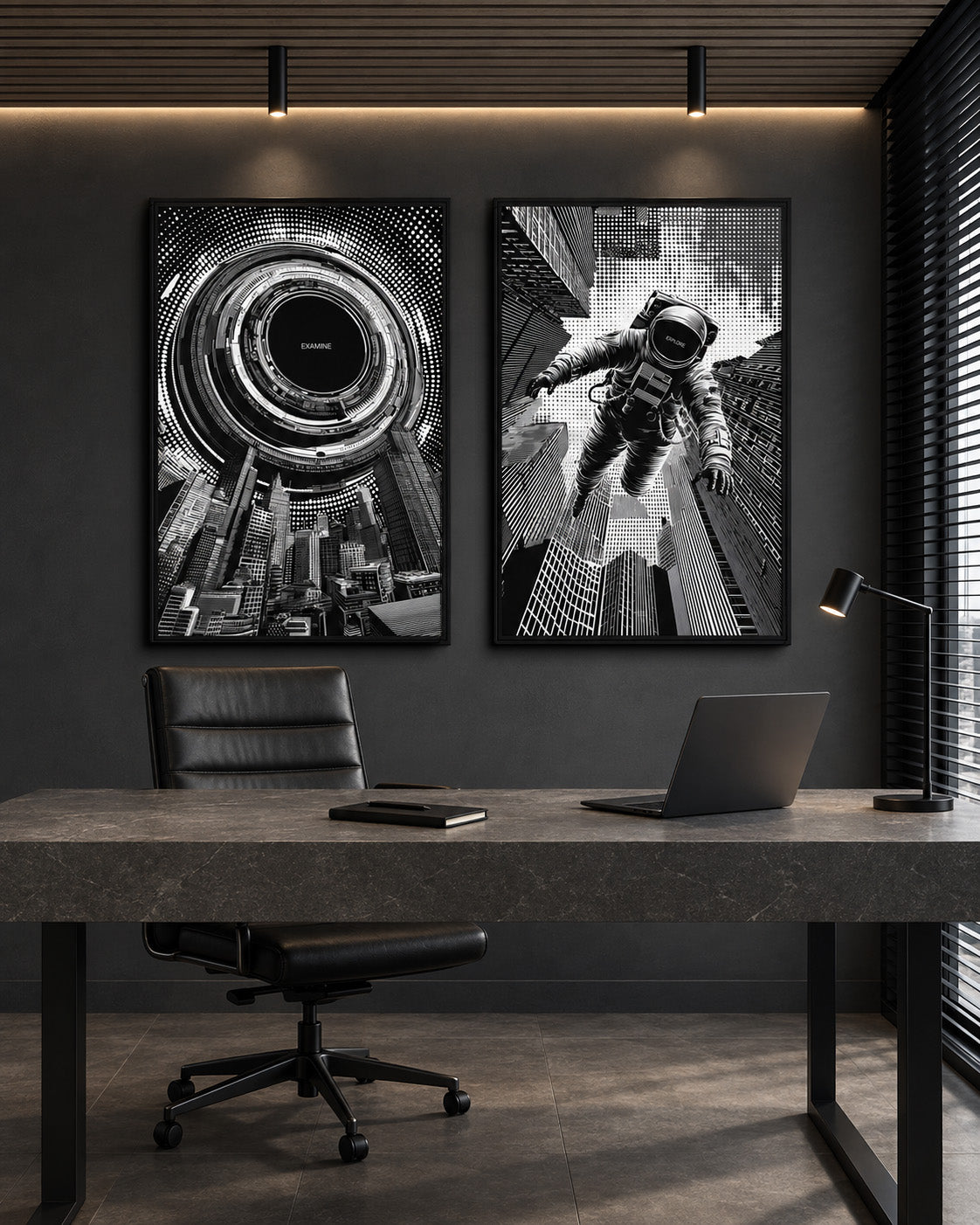The METHOD’s astronaut and architectural vortex prints above a stone desk against a charcoal office wall