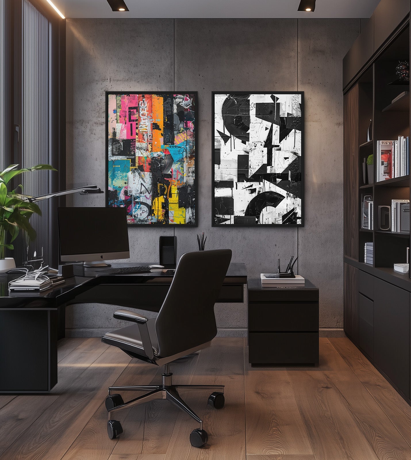 Two Urban Contrast artworks give a dark office a colorful focal point